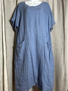 Puro Lino Relaxed Blue Linen Midi Dress with Pockets